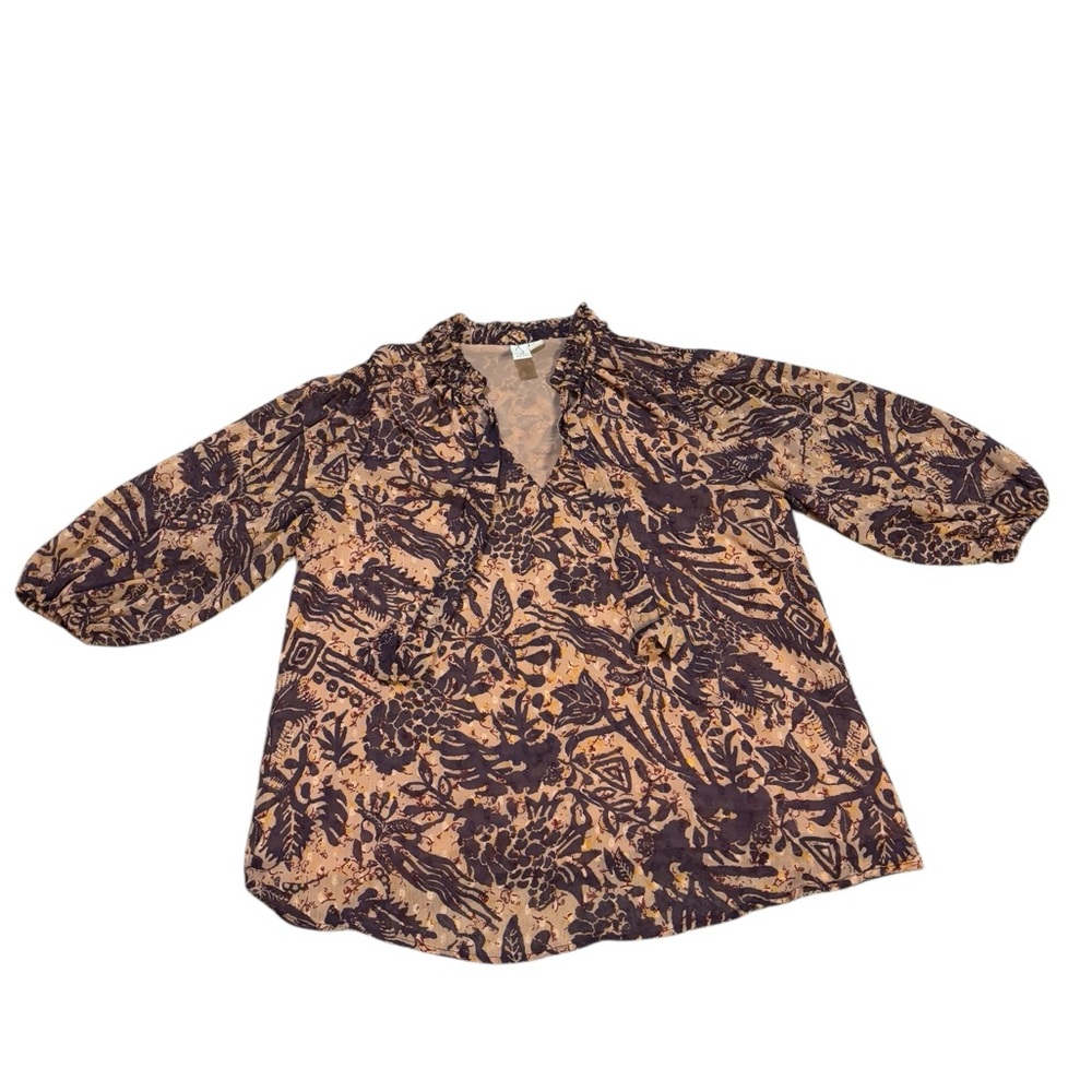 Joie‎ 3/4 Puff Sleeve Blouse Floral Print Orange and Purple Size Medium